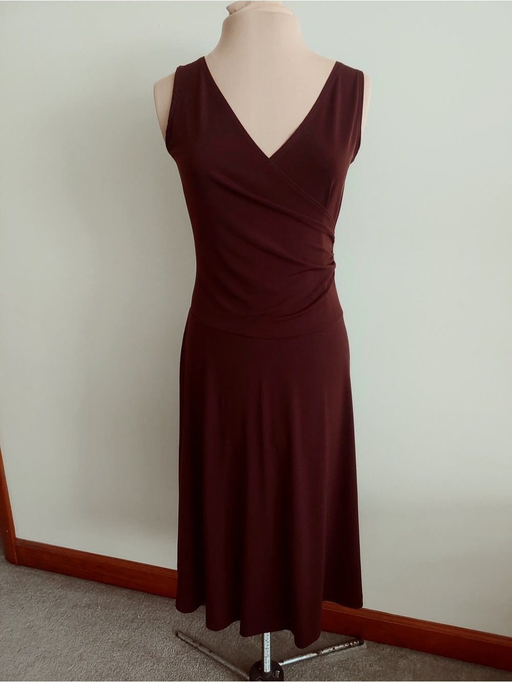 Dress M Sleeveless Brown Speigel Women’s V Neck Faux Wrap Skater Midi